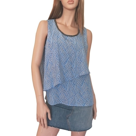 JUICY Couture Blue Waves Tiered Blouse Top Studded Rhinestone Neckline - Picture 7 of 14